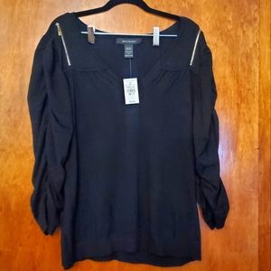 Ashley Stewart NWT Black V-Neck Sweater ~ Zipper Shoulder ~ Ruched Sleeves 18/20